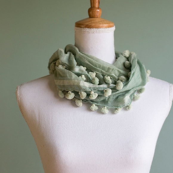 Matta 50/50 Silk and Cotton Mint Green Pom Scarf - Picture 4 of 4